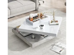 Mesa de centro com arrumação 70x70x36 cm - tampo brilhante giratório 360° - Branco e Cinza