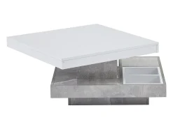 Mesa de centro com arrumação 70x70x36 cm - tampo brilhante giratório 360° - Branco e Cinza