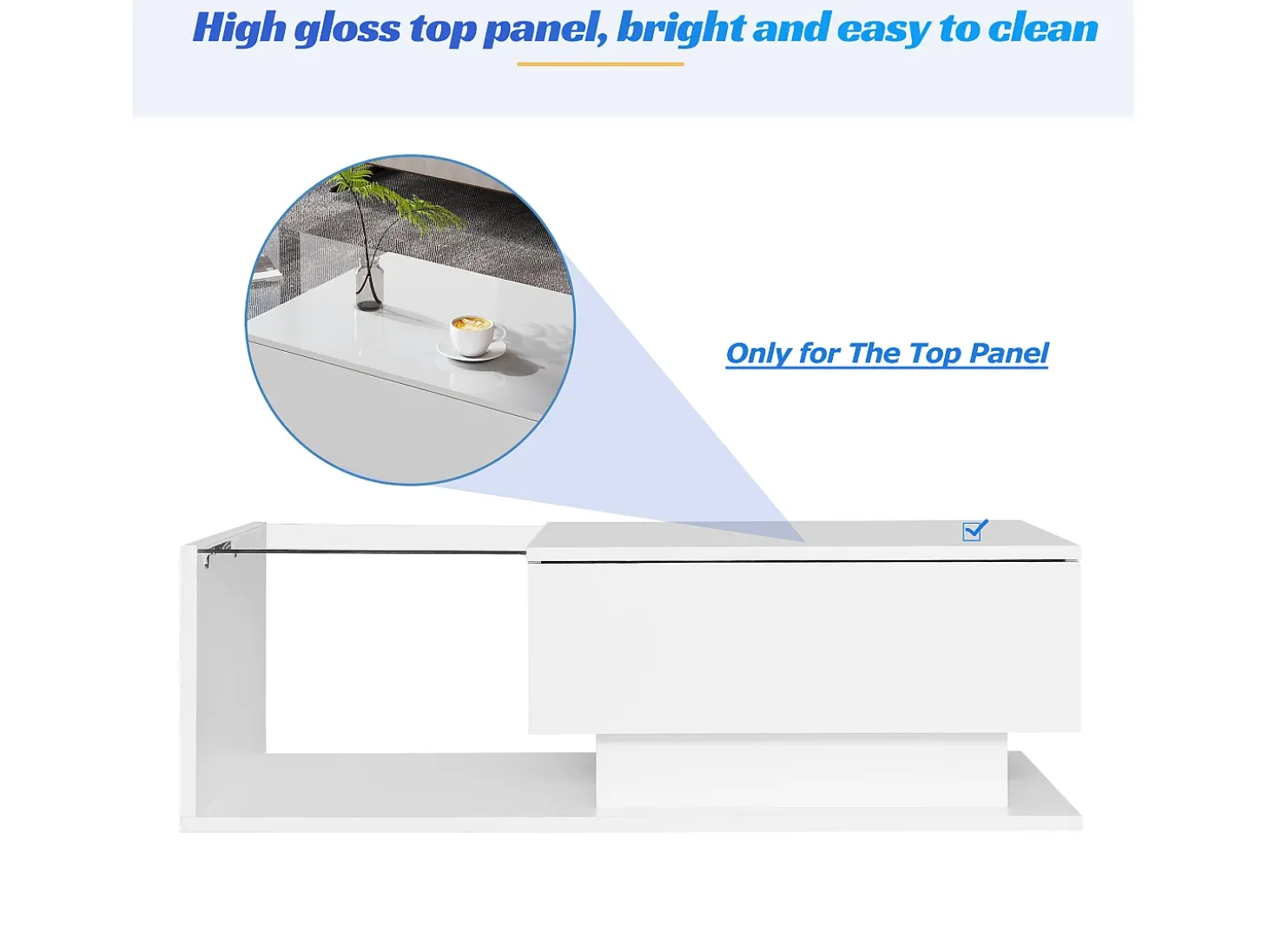 Mesa de centro com iluminação LED - com tampo de vidro e gavetas - Branca