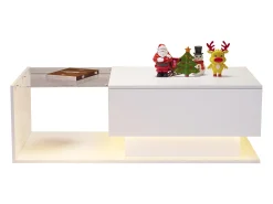Mesa de centro com iluminação LED - com tampo de vidro e gavetas - Branca