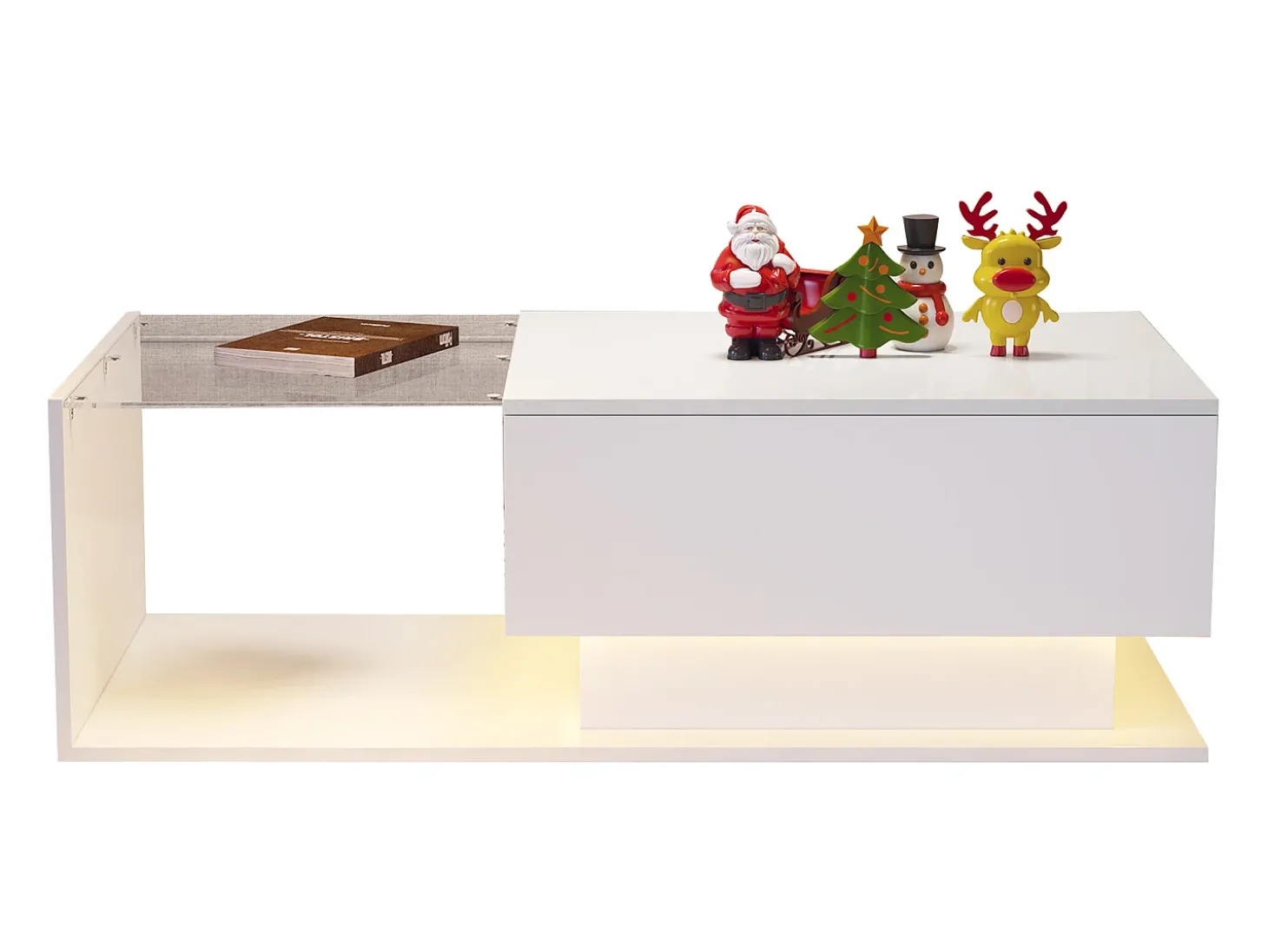 Mesa de centro com iluminação LED - com tampo de vidro e gavetas - Branca