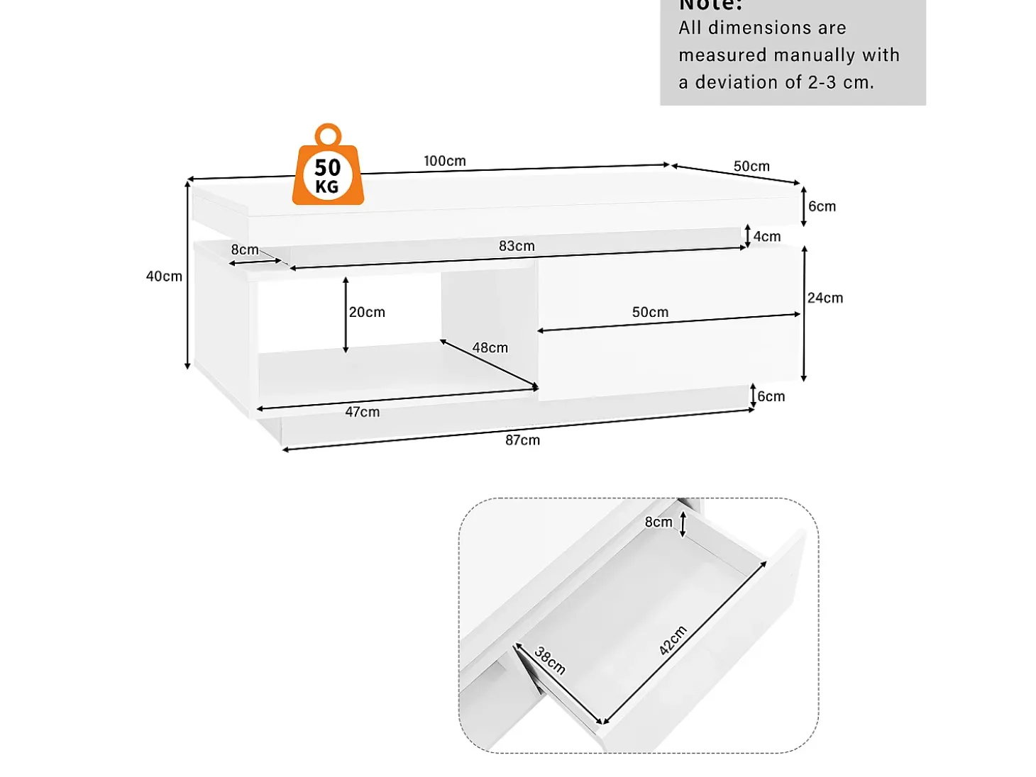 Mesa de centro com LED - com 1 gaveta e 1 compartimento - Branco