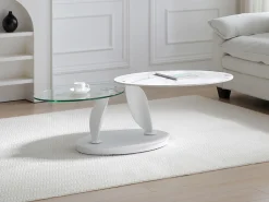 Mesa de centro com tampos giratórios cerâmica, vidro temperado e metal branco - MANEYA