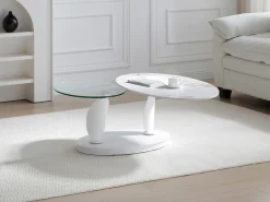 Mesa de centro com tampos giratórios cerâmica, vidro temperado e metal branco - MANEYA