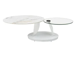 Mesa de centro com tampos giratórios cerâmica, vidro temperado e metal branco - MANEYA