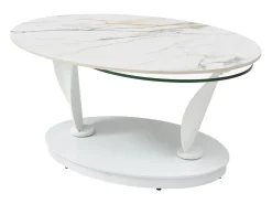 Mesa de centro com tampos giratórios cerâmica, vidro temperado e metal branco - MANEYA