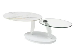 Mesa de centro com tampos giratórios cerâmica, vidro temperado e metal branco - MANEYA