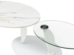 Mesa de centro com tampos giratórios cerâmica, vidro temperado e metal branco - MANEYA