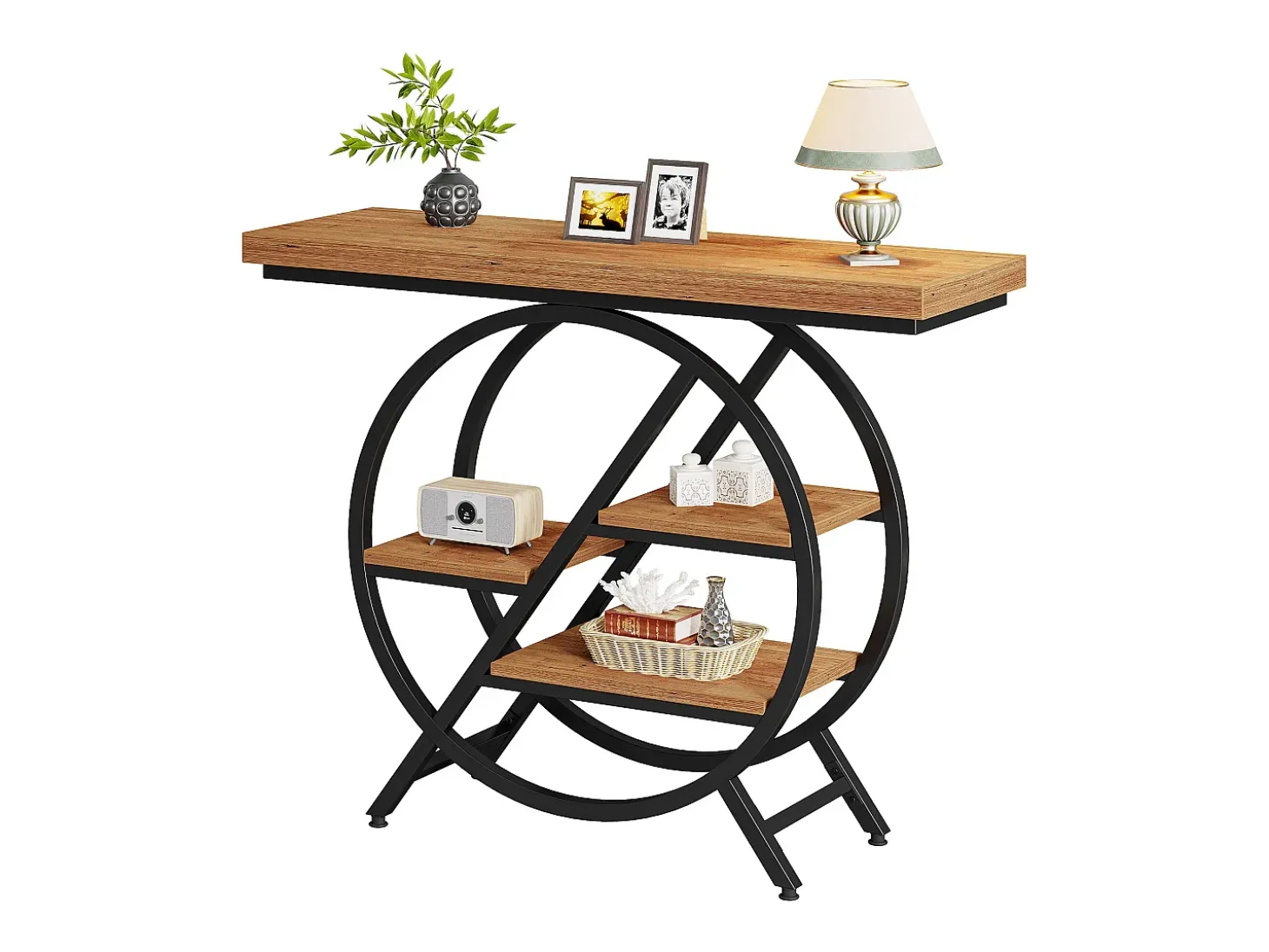 Mesa de centro de 100 cm com tampo espesso, mesa para sofá de corredor industrial estreita com 4 níveis e estrutura geométrica de metal, marrom claro