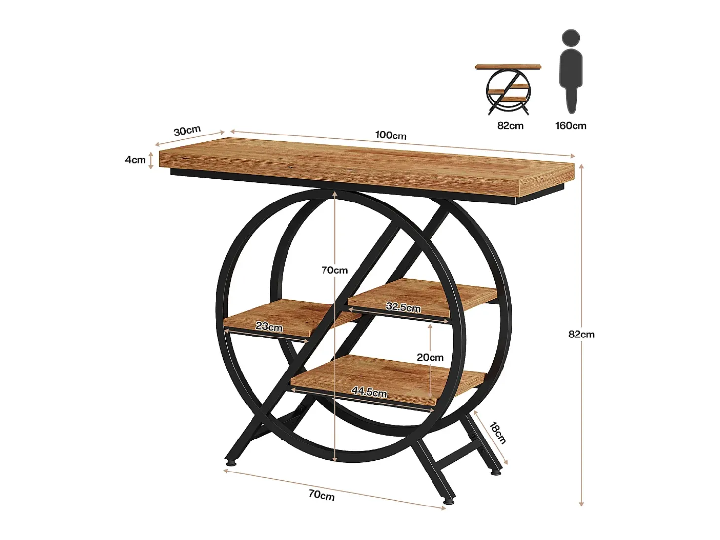 Mesa de centro de 100 cm com tampo espesso, mesa para sofá de corredor industrial estreita com 4 níveis e estrutura geométrica de metal, marrom claro