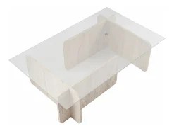 Mesa de centro em vidro temperado efeito travertino bege e transparente - AZRA