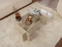 Mesa de centro em vidro temperado efeito travertino bege e transparente - AZRA