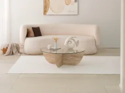 Mesa de centro em vidro temperado - Efeito travertino e Transparente - AYSUN