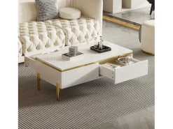 Mesa de centro envernizada brilhante 100x50x36 cm - 2 gavetas - Pés de metal - Painéis de partículas - Branco