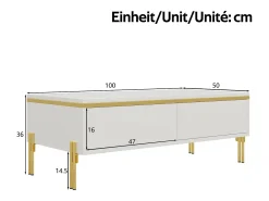 Mesa de centro envernizada brilhante 100x50x36 cm - 2 gavetas - Pés de metal - Painéis de partículas - Branco
