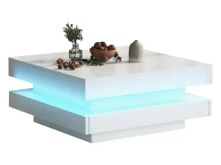 Mesa de centro laqueada de alto brilho com tampo giratório 360° - com LEDs - 70 x 70 x 36 cm - aglomerado - branca