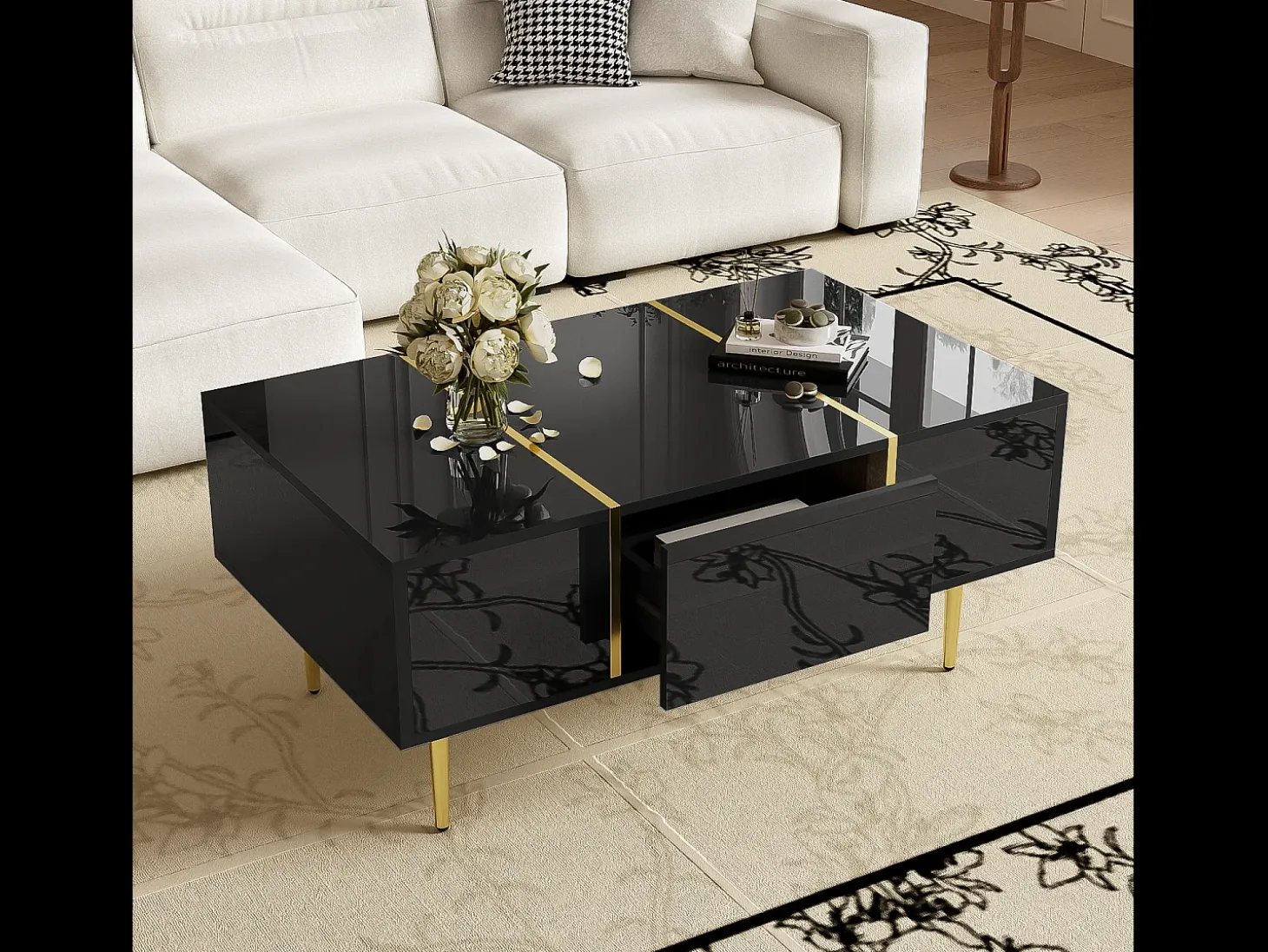 Mesa de centro moderna - 2 gavetas - MDF - Preto