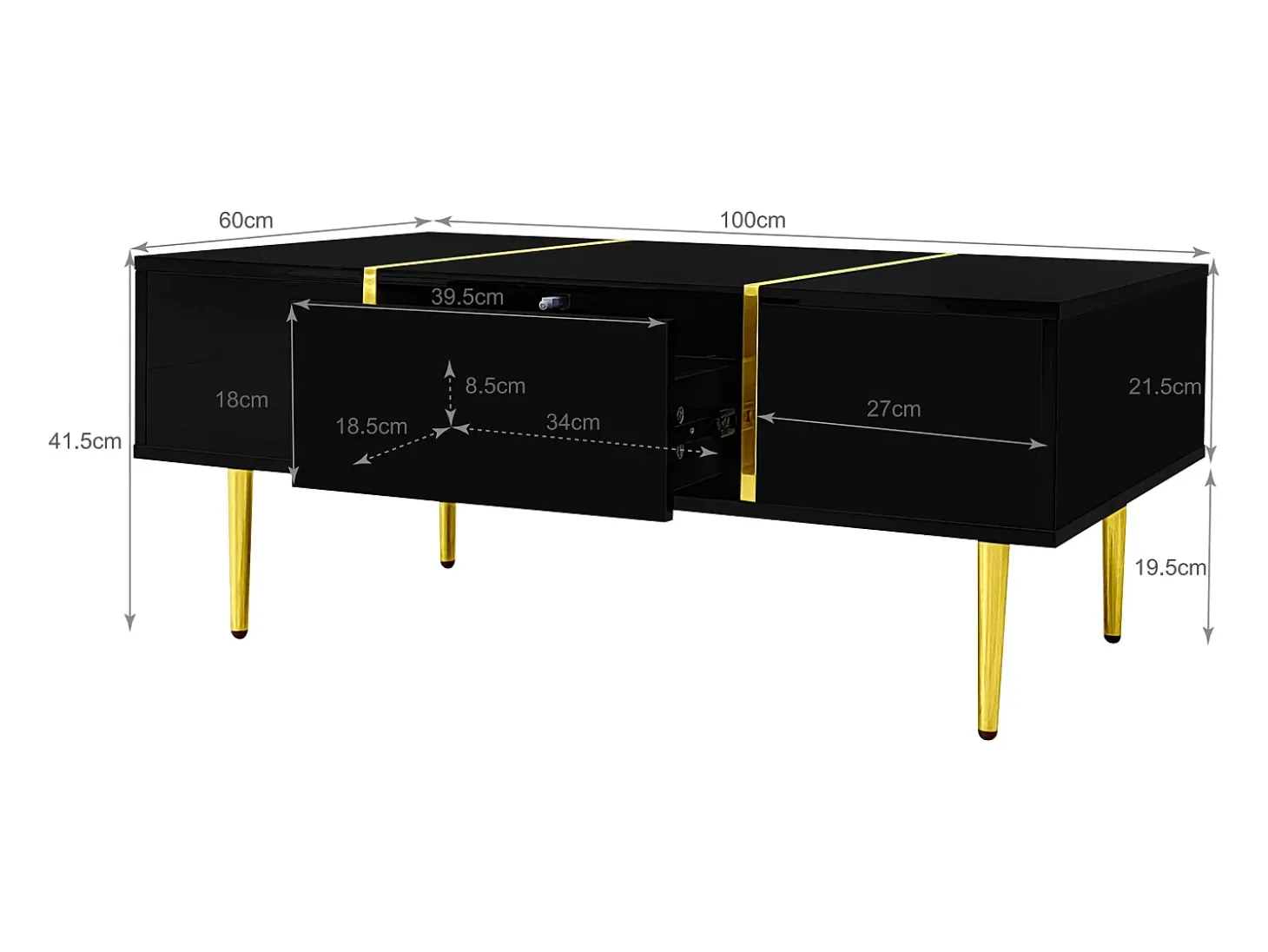 Mesa de centro moderna - 2 gavetas - MDF - Preto