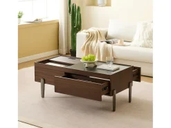 Mesa de centro moderna com 2 gavetas e tampo de vidro - 105 x 50 x 41,5 cm - pés de metal - MDF + vidro - marrom escuro