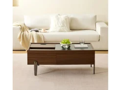 Mesa de centro moderna com 2 gavetas e tampo de vidro - 105 x 50 x 41,5 cm - pés de metal - MDF + vidro - marrom escuro