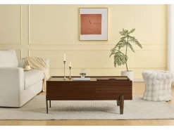 Mesa de centro moderna com 2 gavetas e tampo de vidro - 105 x 50 x 41,5 cm - pés de metal - MDF + vidro - marrom escuro