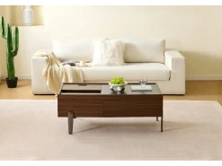 Mesa de centro moderna com 2 gavetas e tampo de vidro - 105 x 50 x 41,5 cm - pés de metal - MDF + vidro - marrom escuro