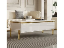 Mesa de centro moderna com acabamento laqueado brilhante - 100 x 50 x 36 cm - com 2 gavetas - em aglomerado - branca