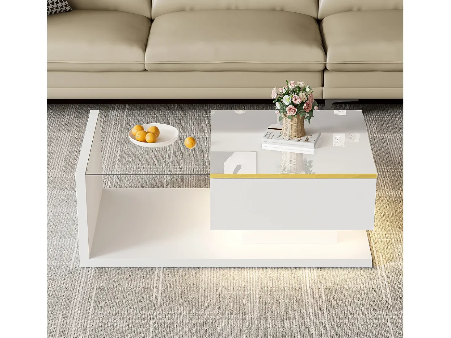 Mesa de centro moderna em vidro com iluminação LED - painéis de partículas - branco