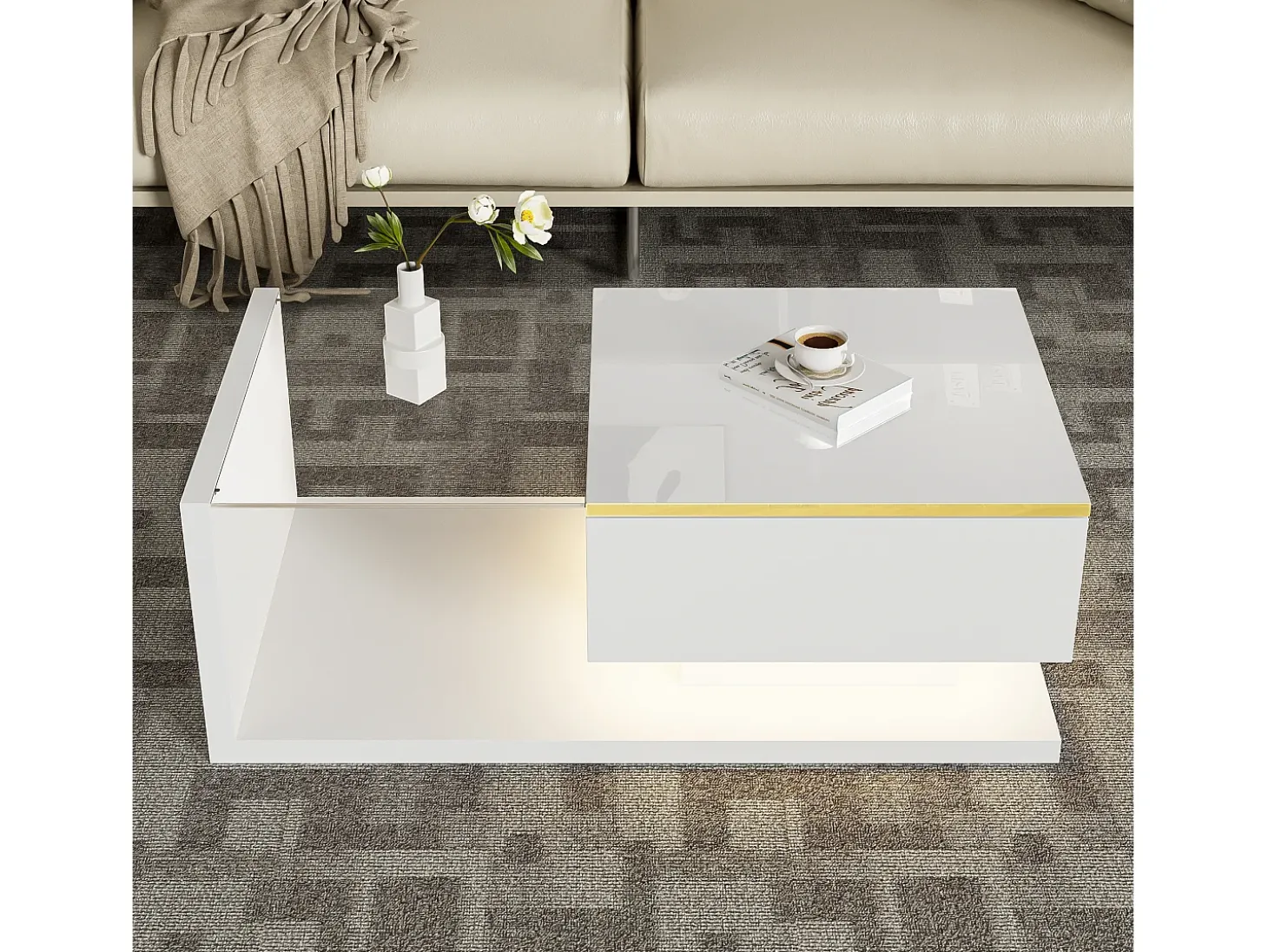 Mesa de centro moderna em vidro com iluminação LED - painéis de partículas - branco