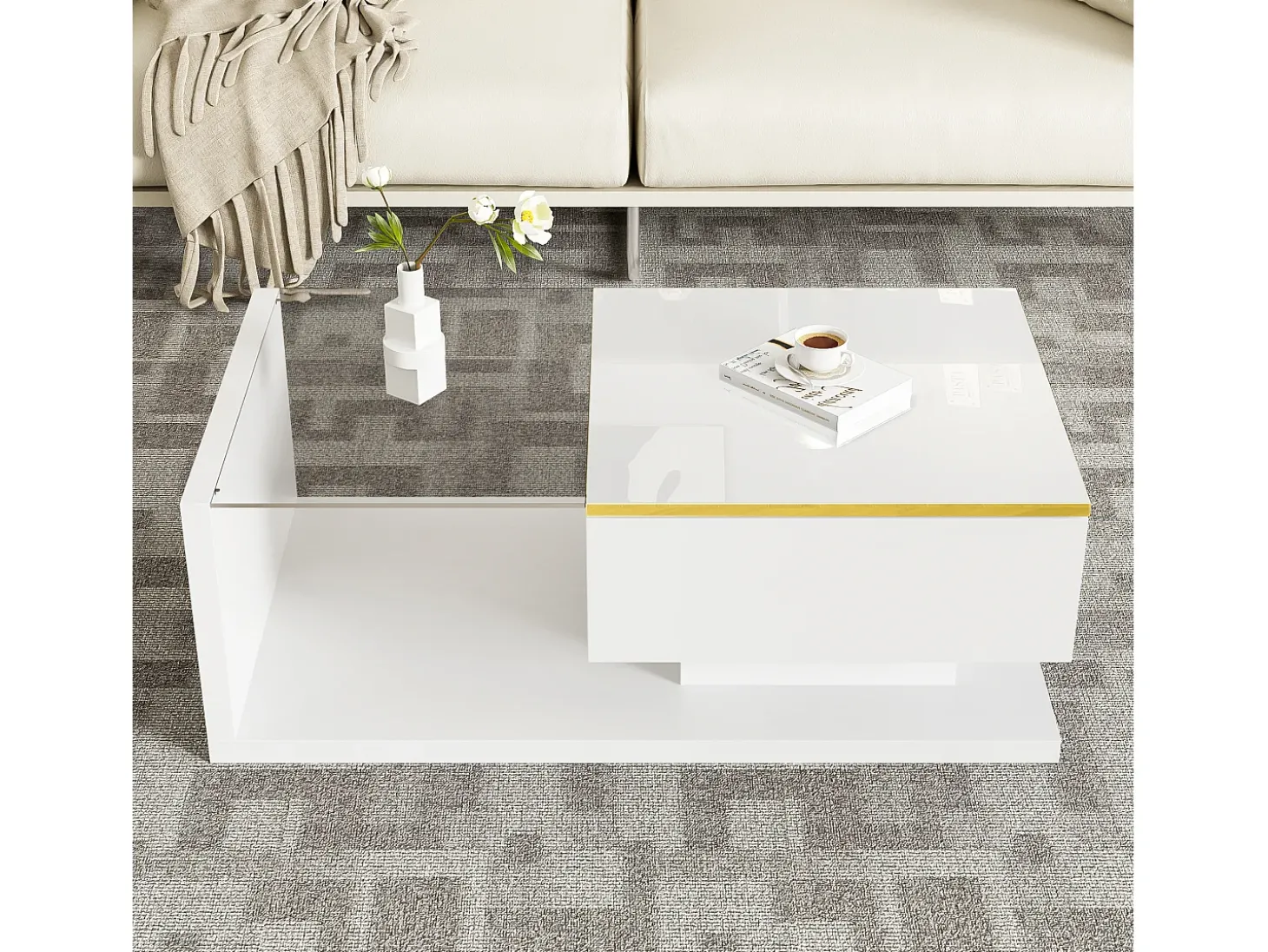 Mesa de centro moderna em vidro com iluminação LED - painéis de partículas - branco