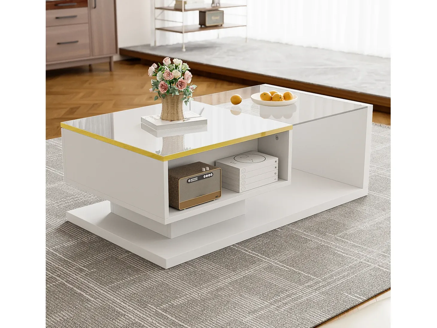 Mesa de centro moderna em vidro com iluminação LED - painéis de partículas - branco