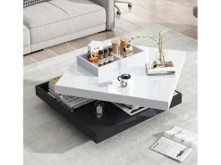Mesa de centro quadrada com 4 compartimentos e tampo giratório - 70 x 70 x 36 cm - Aglomerado - Preto + branco