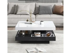 Mesa de centro quadrada com 4 compartimentos e tampo giratório - 70 x 70 x 36 cm - Aglomerado - Preto + branco