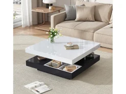 Mesa de centro quadrada com 4 compartimentos e tampo giratório - 70 x 70 x 36 cm - Aglomerado - Preto + branco
