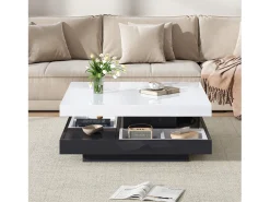 Mesa de centro quadrada com 4 compartimentos e tampo giratório - 70 x 70 x 36 cm - Aglomerado - Preto + branco