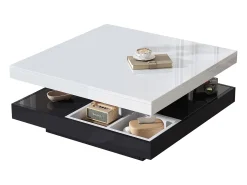 Mesa de centro quadrada com 4 compartimentos e tampo giratório - 70 x 70 x 36 cm - Aglomerado - Preto + branco