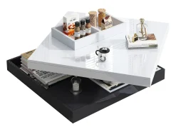 Mesa de centro quadrada com 4 compartimentos e tampo giratório - 70 x 70 x 36 cm - Aglomerado - Preto + branco