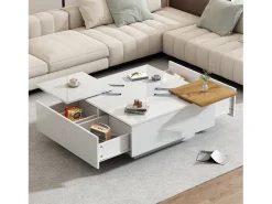 Mesa de centro quadrada com 4 gavetas e 2 bandejas deslizantes pequenas - 75 x 75 x 33,5 cm - Aglomerado - Branco