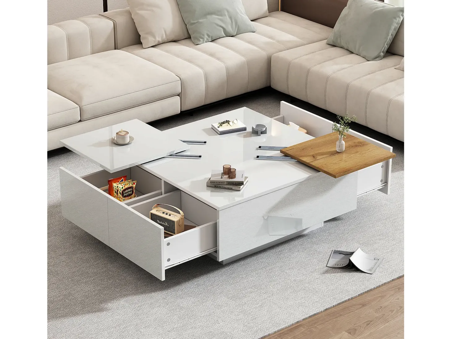 Mesa de centro quadrada com 4 gavetas e 2 bandejas deslizantes pequenas - 75 x 75 x 33,5 cm - Aglomerado - Branco