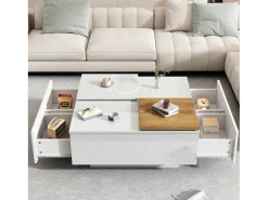 Mesa de centro quadrada com 4 gavetas e 2 bandejas deslizantes pequenas - 75 x 75 x 33,5 cm - Aglomerado - Branco