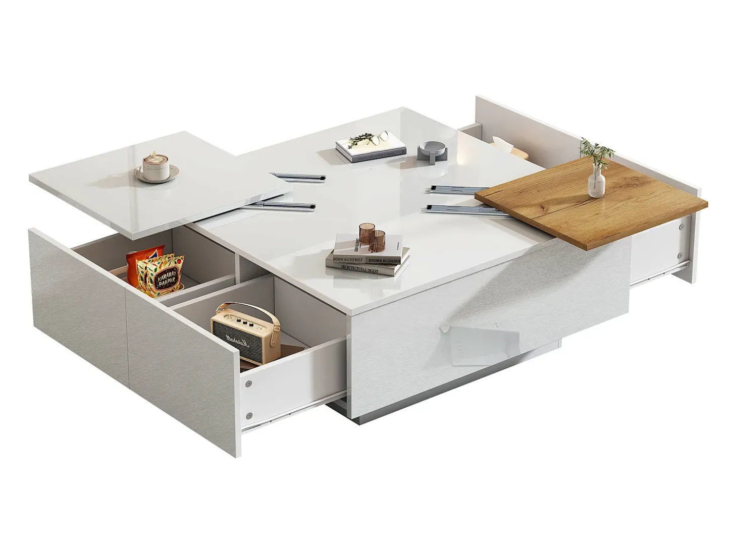 Mesa de centro quadrada com 4 gavetas e 2 bandejas deslizantes pequenas - 75 x 75 x 33,5 cm - Aglomerado - Branco