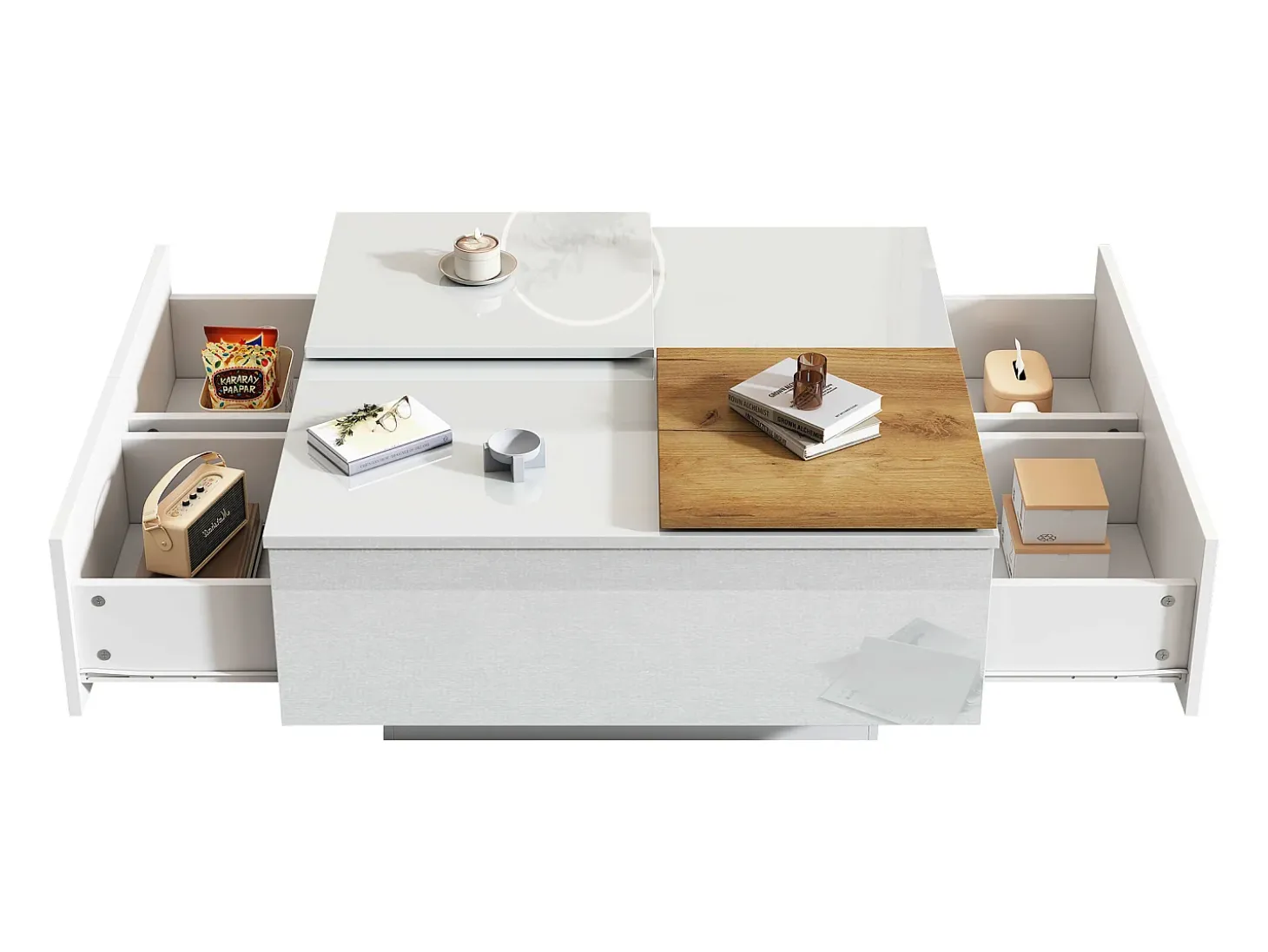 Mesa de centro quadrada com 4 gavetas e 2 bandejas deslizantes pequenas - 75 x 75 x 33,5 cm - Aglomerado - Branco