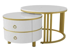 Mesa de centro redonda 2 em 1 - 70 x 70 x 46 cm + 50 x 50 x 40 cm - combinação de mesa de sala de estar com 2 gavetas - MDF - branco
