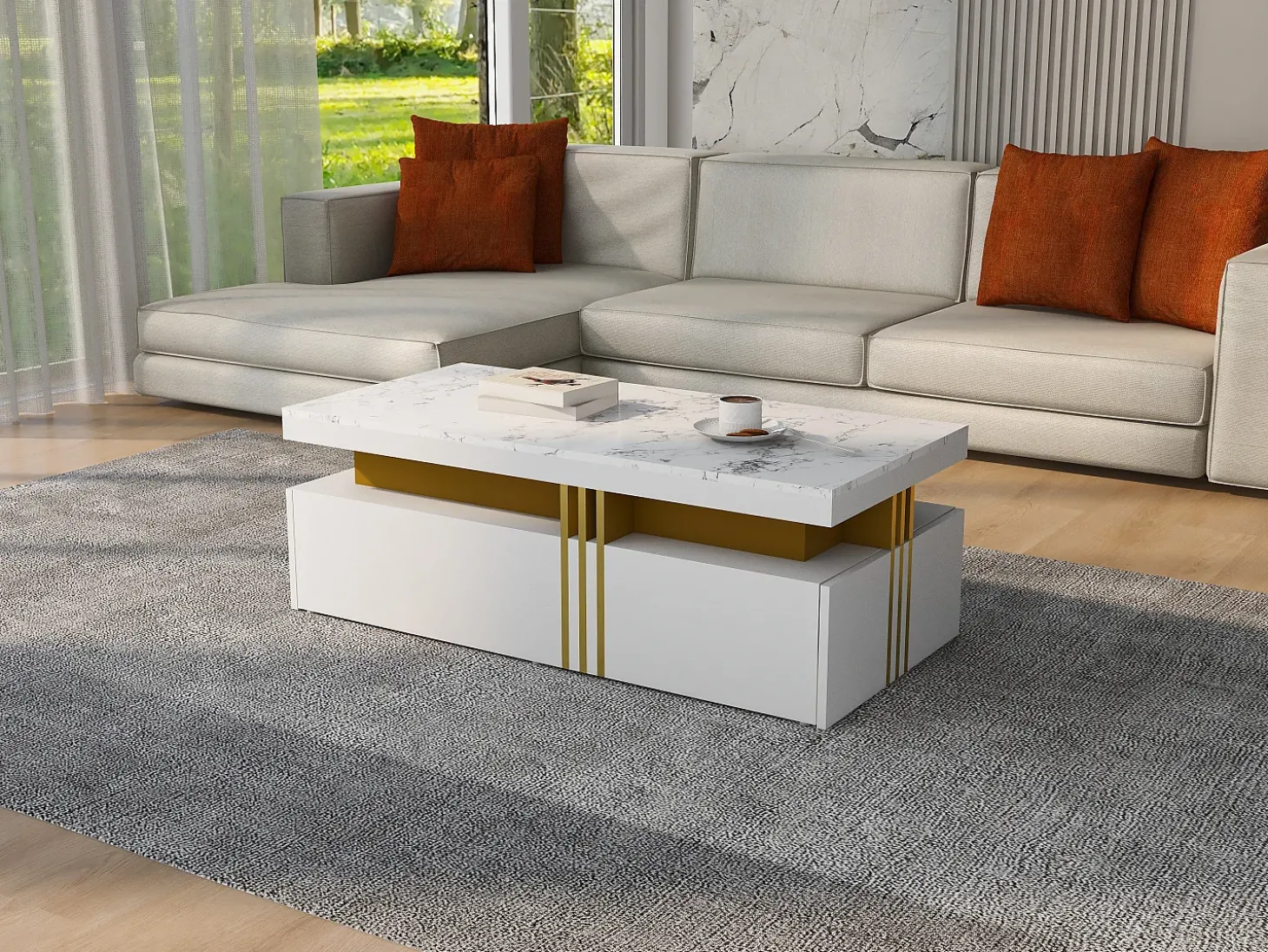 Mesa de centro retangular com 2 gavetas - 100x50x40 cm - aglomerado - tampo marmorizado, para sala - branco