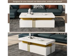 Mesa de centro retangular com 2 gavetas - 100x50x40 cm - aglomerado - tampo marmorizado, para sala - branco
