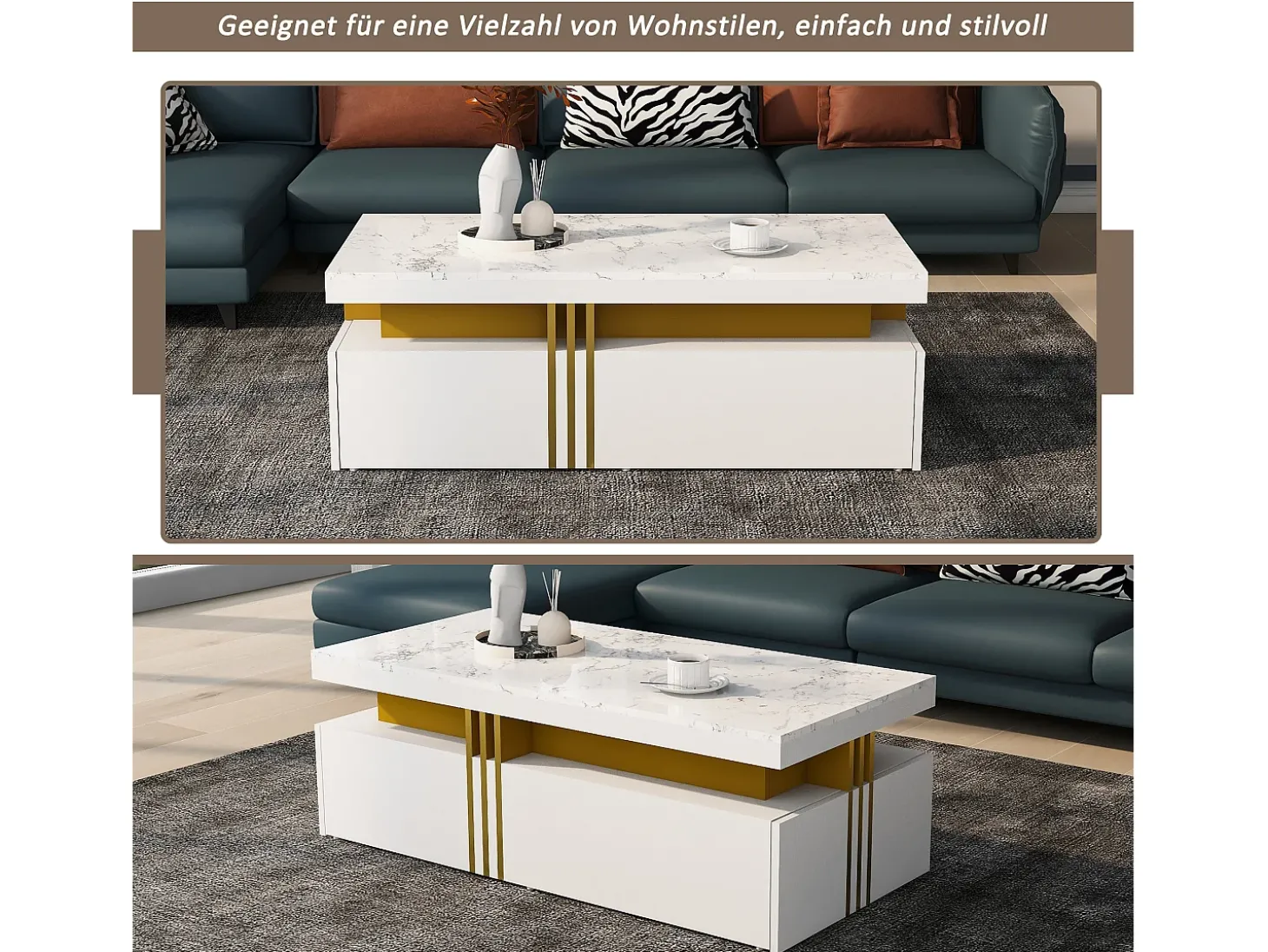 Mesa de centro retangular com 2 gavetas - 100x50x40 cm - aglomerado - tampo marmorizado, para sala - branco