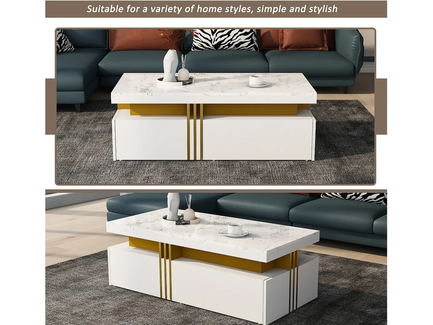 Mesa de centro retangular com 2 gavetas - 100x50x40 cm - aglomerado - tampo marmorizado, para sala - branco