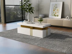 Mesa de centro retangular com 2 gavetas - 100x50x40 cm - aglomerado - tampo marmorizado, para sala - branco
