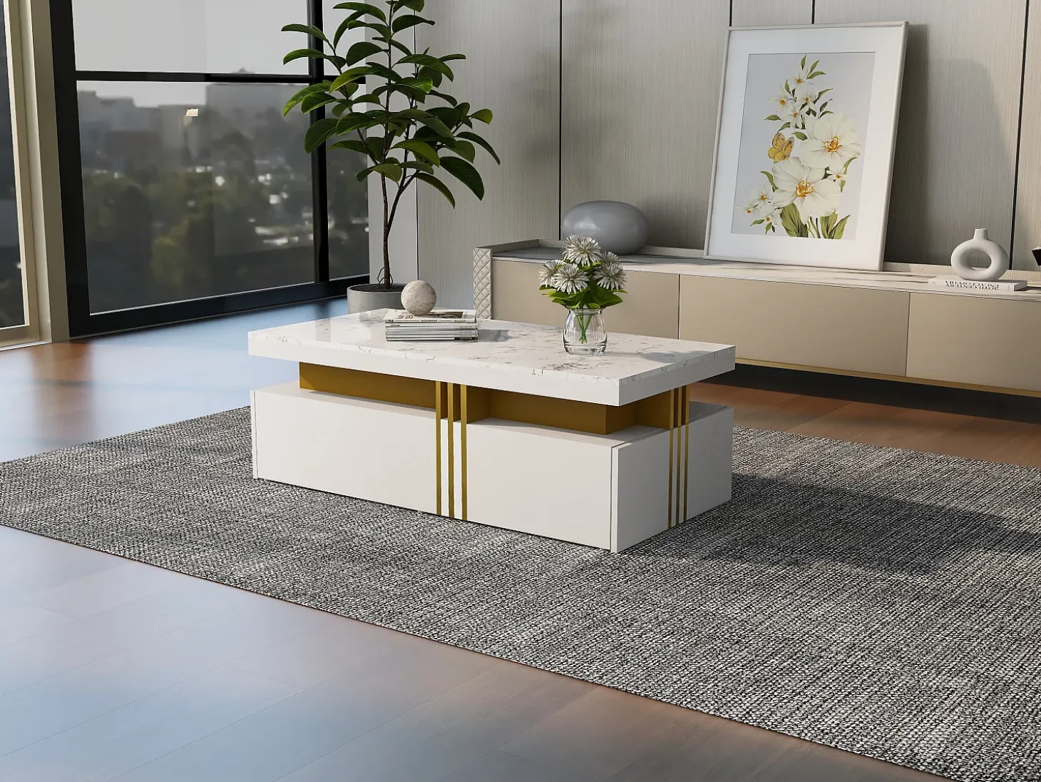 Mesa de centro retangular com 2 gavetas - 100x50x40 cm - aglomerado - tampo marmorizado, para sala - branco