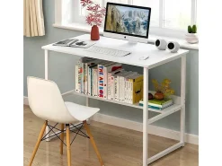 Mesa de computador branca juvenil com prateleira moderna 100 cm